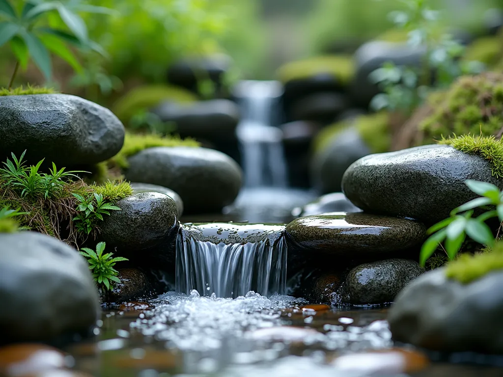 Serene Miniature Chinese Rock Waterfall - A peaceful miniature Chinese garden waterfall in a 2x2 foot space, featuring artistically stacked dark gray and black granite stones creating multiple gentle cascading tiers. Crystal clear water flows smoothly over moss-covered rocks, with small clusters of dwarf bamboo and tiny ferns nestled between the stones. The scene is photographed from a close perspective, capturing the intricate details of water droplets and the smooth river stones at the base, all bathed in soft, natural lighting that highlights the gentle movement of the water. Photorealistic, 8k quality, inspired by traditional Chinese landscape painting aesthetics.