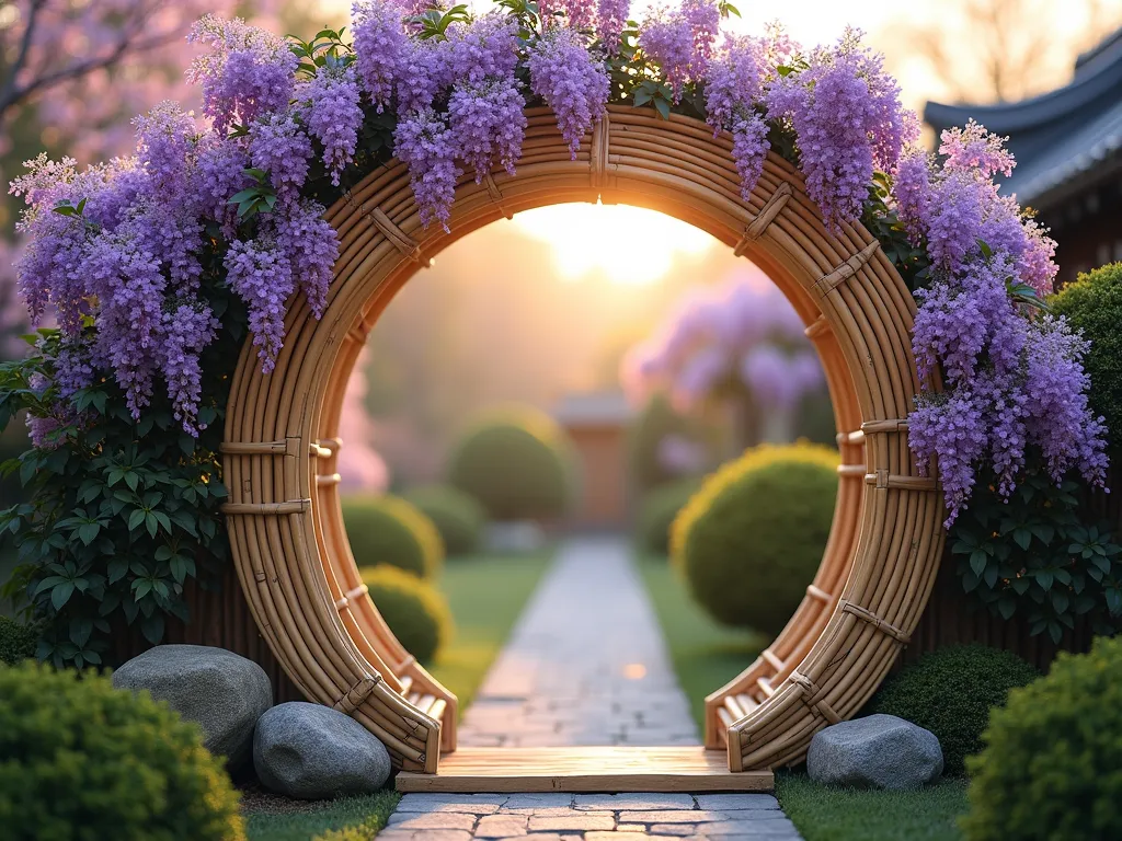 Enchanting Moon Gate Garden Entry - A serene and ethereal 4-foot circular moon gate crafted from light-colored bamboo in a traditional Chinese garden setting, photographed at golden hour. Purple wisteria cascades gracefully over the top of the gate, with delicate white jasmine flowers intertwining along the sides. The gate frames a peaceful garden path beyond, lined with moss-covered stones and dwarf maples. Soft, atmospheric lighting filters through the climbing vines, creating a dreamy, enchanted entrance. Photorealistic, architectural detail, 8k quality, with depth of field focusing on the moon gate's perfect circular form.