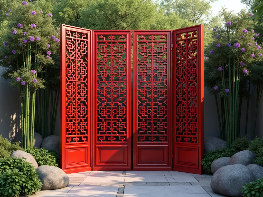 Elegant Red Lacquered Privacy Screen with Climbing Jasmine - A stunning traditional Chinese garden scene featuring an ornate red lacquered privacy screen with intricate geometric lattice patterns, standing 7 feet tall. The screen's rich vermillion finish gleams in soft natural light, while delicate star jasmine and purple clematis vines gracefully wind through the lattice openings. Set against a backdrop of smooth river stones and emerald bamboo, the screen creates an architectural focal point. Photorealistic, architectural photography style, golden hour lighting, 4k quality