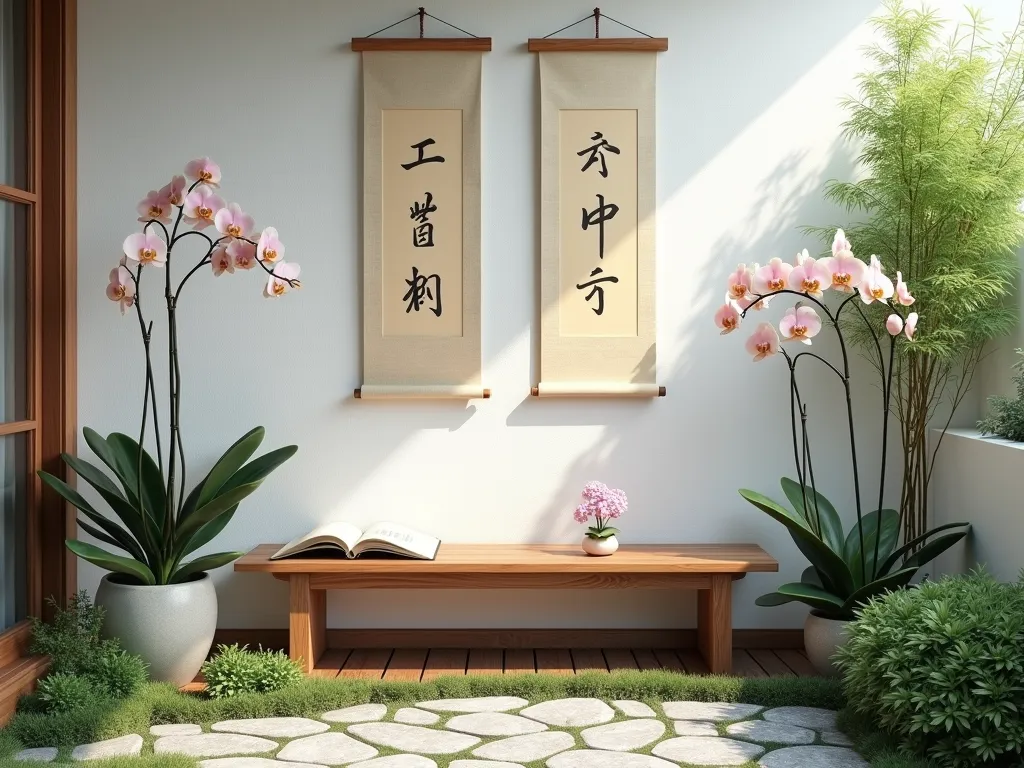 Serene Scholar's Garden Reading Nook - A tranquil Chinese garden reading nook in soft natural lighting, featuring a handcrafted wooden bench against a white textured wall adorned with elegant hanging calligraphy scrolls. Delicate phalaenopsis orchids in traditional ceramic pots flank the bench. Small bamboo plants create a gentle backdrop, while a natural stone pathway leads to the intimate 4x4 space. The scene is captured from a 45-degree angle, showing the peaceful composition with morning mist adding atmosphere, photorealistic style, 8k quality