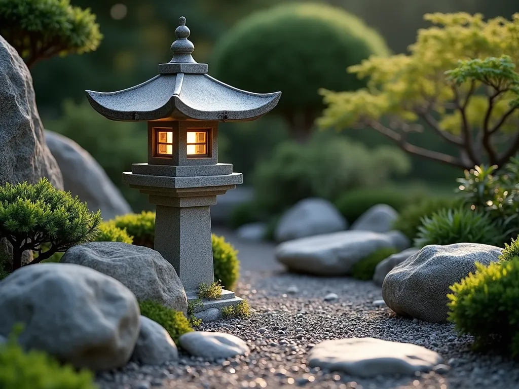 Serene Stone Lantern Garden Corner - A tranquil corner garden setting featuring a traditional Japanese stone lantern nestled among artfully arranged smooth river rocks and boulders. The lantern is proportioned perfectly for the small space, surrounded by compact green Nandina domestica and low-growing Japanese Holly. Soft evening lighting emanates from the lantern, creating gentle shadows on the surrounding rocks and foliage. The scene is photographed from a slight angle, with shallow depth of field, in the style of traditional Asian garden photography. Muted earth tones dominate with touches of moss on the rocks, creating a peaceful, contemplative atmosphere.