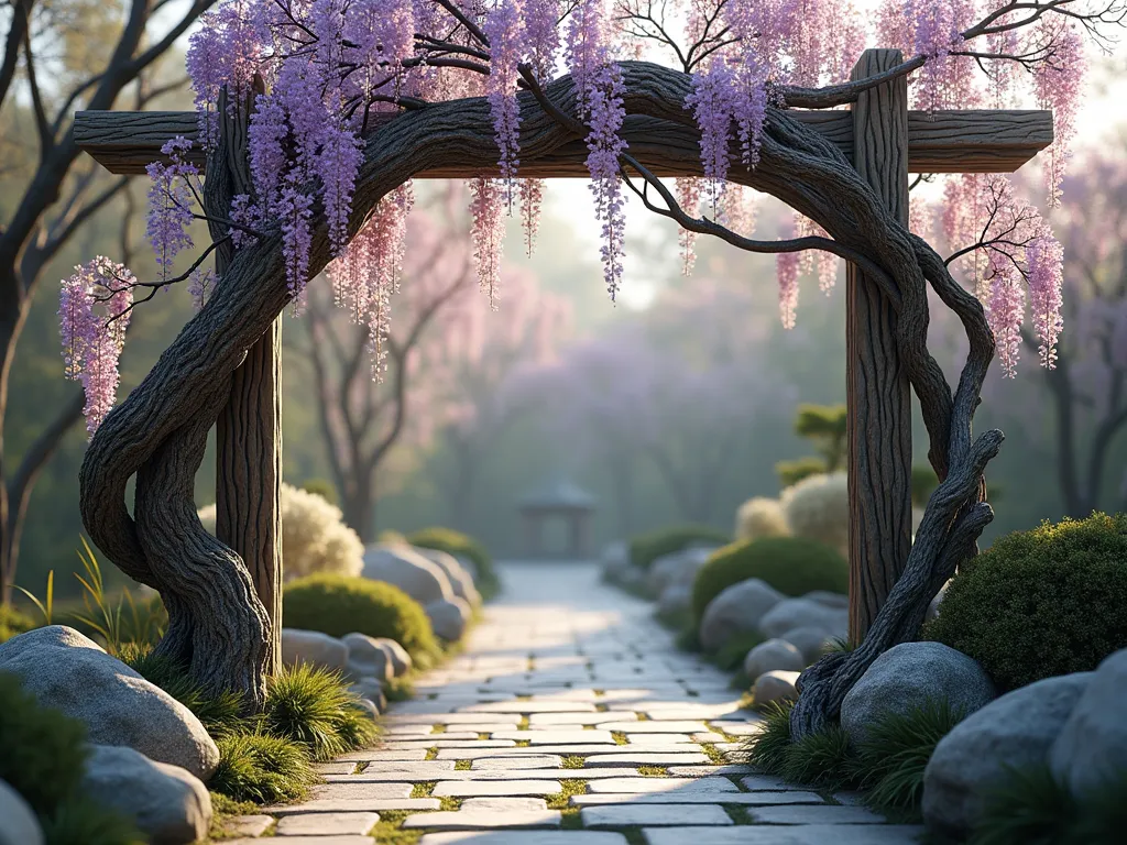 Artistic Twisted Branch Garden Trellis - A serene Chinese garden scene featuring an elegant trellis made of naturally twisted branches and weathered vine wood, forming an organic archway. The trellis is partially covered with delicate wisteria vines with cascading purple blooms. Natural morning light filters through the twisted branches, casting intricate shadows on a stone path below. Traditional Chinese garden elements like moss-covered rocks and small bamboo shoots frame the scene. Photorealistic, soft lighting, tranquil atmosphere, 4K detail