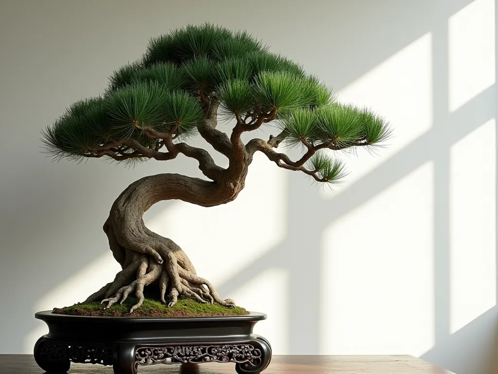 Elegant Twisted Pine Bonsai Display - A masterfully crafted twisted pine bonsai tree with gnarled branches and compact foliage, displayed on an ornate dark wooden traditional Chinese stand against a minimalist white wall background. The bonsai casts dramatic shadows, its silhouette creating an artistic interplay of light and shadow. The pine's needles are a deep emerald green, and its bark shows weathered textures. Soft, diffused natural light enters from the side, highlighting the tree's sculptural form and the intricate details of its trained branches. The scene embodies zen-like tranquility and artistic refinement.