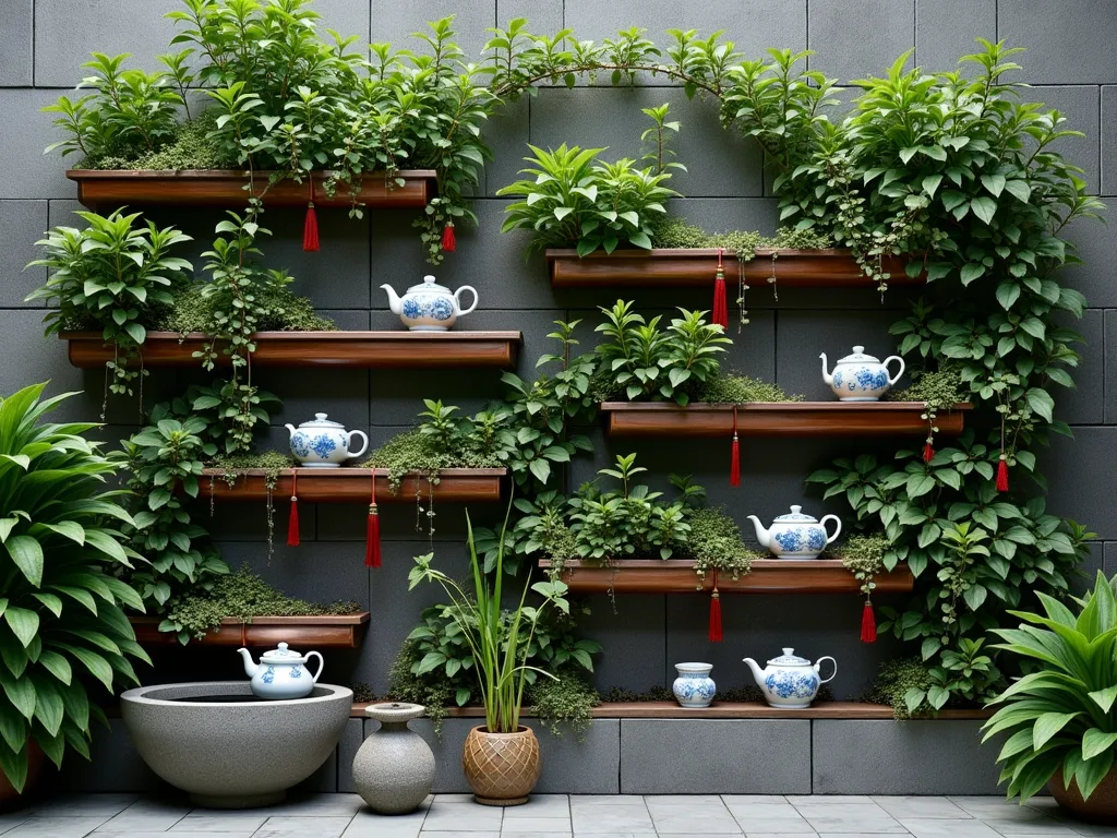 Vertical Tea Plant Living Wall with Traditional Elements - A serene vertical garden wall featuring lush green Camellia sinensis (tea plants) arranged in modern copper-toned vertical planters against a charcoal grey wall, photographed in soft natural lighting. Antique Chinese ceramic teapots in blue and white patterns are artfully nestled among the foliage on wooden shelves. The tea plants create a tapestry-like effect with varying heights and textures. Delicate new tea leaves shimmer in the foreground, while traditional red tassels hang from some of the teapots. A stone basin with bamboo fountain sits at the base, creating a peaceful atmosphere. Photorealistic, architectural photography style, high-end garden design.