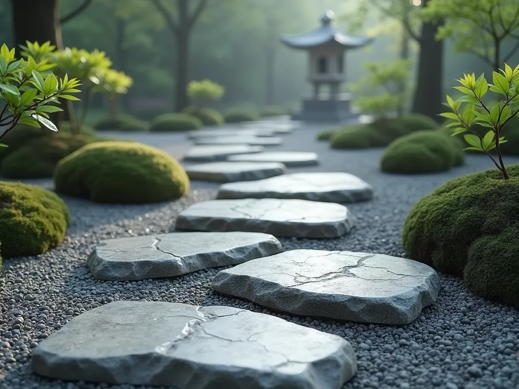 Winding Stone Path Steps in Chinese Garden - A tranquil Chinese garden scene featuring a winding stone path made of natural, flat granite stepping stones with fossil patterns, artfully arranged in a meandering S-curve through silver-gray gravel. The path is bordered by dwarf Japanese maples and low-growing moss, creating depth and perspective. Soft morning mist lingers in the background, with a small ornamental stone lantern visible in the distance. The stones are weathered and have subtle natural patterns, photographed from a low angle to emphasize the journey through the space, photorealistic style, 8k resolution