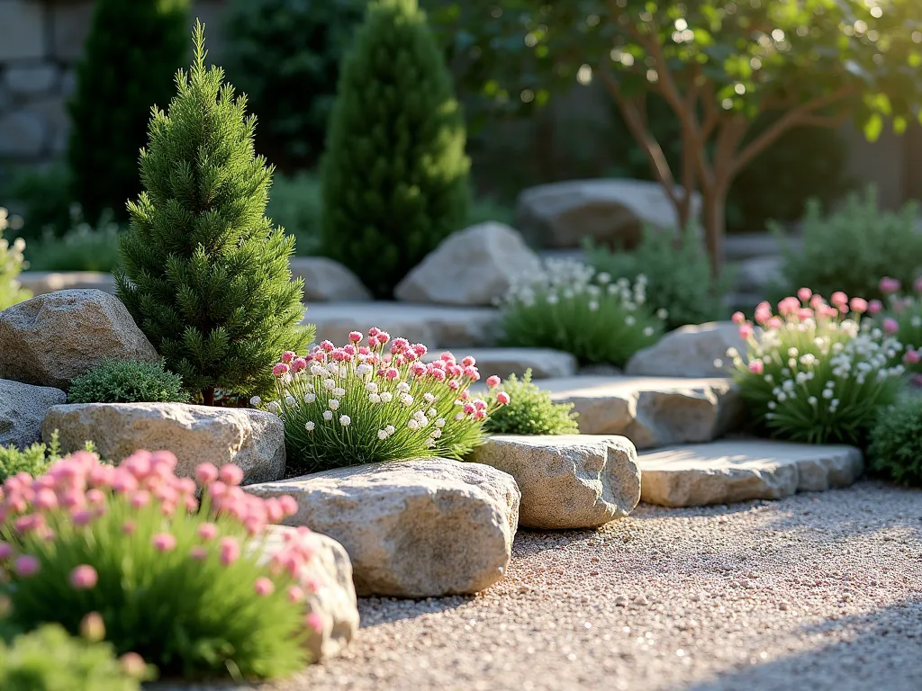 Alpine Mountain Corner Garden - A sunlit corner garden featuring a natural arrangement of weathered limestone and granite rocks creating multiple levels, with delicate cushions of pink and white Saxifraga and Androsace nestled between the stones. A small, elegant dwarf conifer provides a focal point, its deep green needles contrasting against the light-colored rocks. The ground is covered with fine crushed granite, creating a naturalistic mountain scenery effect. Captured in soft morning light with hyperrealistic detail, professional landscaping photography style.