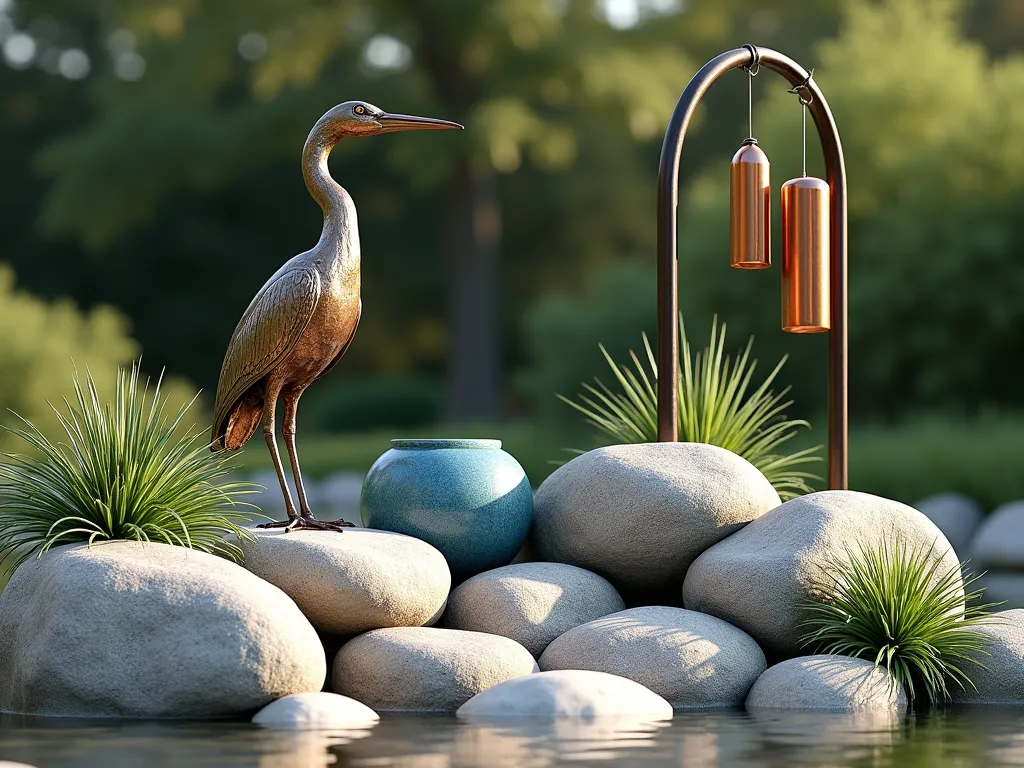 Artistic Corner Rock Garden Gallery - A serene corner rock garden featuring natural stone boulders artfully arranged with a contemporary bronze sculpture of a heron. Weathered copper wind chimes hang from a curved metal arch. Small succulents and ornamental grasses peek between smooth river rocks. A hand-crafted ceramic sphere with a blue glaze acts as a focal point. Soft afternoon lighting creates gentle shadows across the artistic arrangement. Photorealistic, 4K, natural lighting.