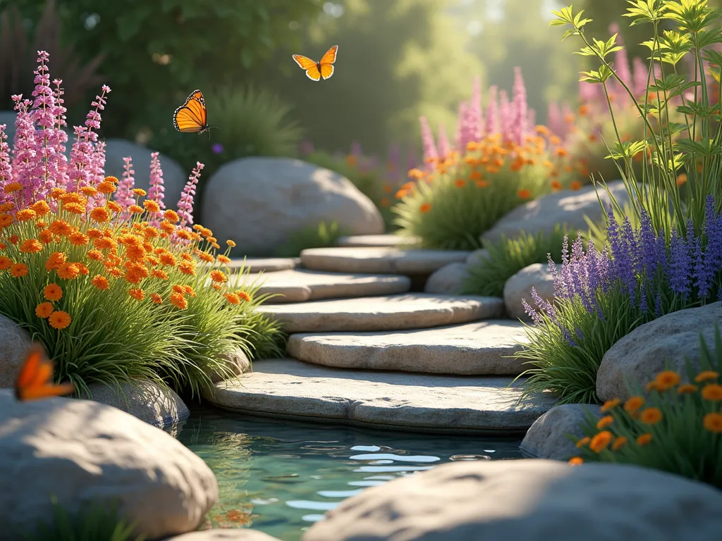 Butterfly Paradise Corner Garden - A sunlit garden corner featuring artfully arranged flat stones creating natural terraces, surrounded by vibrant orange butterfly weed and purple lantana in full bloom. Delicate butterflies hover over the flowers, while a small, crystal-clear rock pool reflects the sky. The scene is captured in soft afternoon light, with natural stone textures and wispy grasses adding depth. Photorealistic style with careful attention to botanical detail and natural lighting.