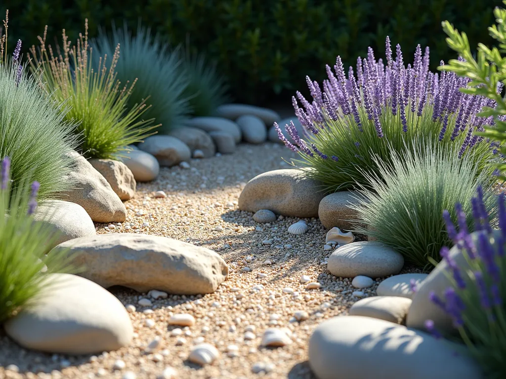 Serene Coastal Corner Rock Garden - A sunlit corner garden featuring smooth weathered stones and beach pebbles arranged naturally, with swaying ornamental grasses and purple sea lavender in full bloom. Sun-bleached driftwood pieces are artfully placed among the rocks, while scattered seashells add authentic coastal charm. Wispy blue fescue grass catches the gentle breeze, creating movement in this tranquil seaside-inspired garden space. Natural lighting creates soft shadows, with a coastal color palette of sandy beiges, soft blues, and lavender purples. Photorealistic, high detail, landscape photography style.