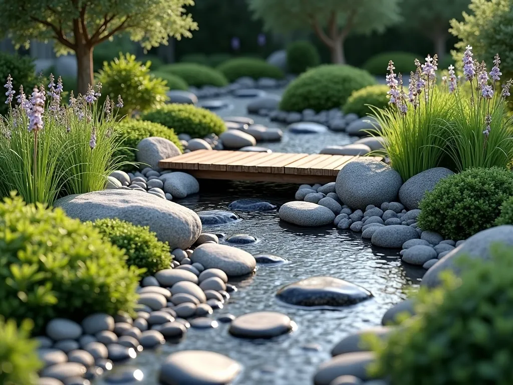 Serene Corner Rock Stream Garden - A photorealistic corner garden featuring a gracefully curving dry stream bed made of smooth river rocks and pebbles in varying sizes and gray tones. Small ornamental wooden bridge crosses the stream. Japanese forest grass, dwarf irises, and miniature ferns line the edges of the stream, creating a lush border. Natural stone steps intermingle with the stream design. Soft morning light casts gentle shadows across the scene, highlighting the textures of the rocks. Landscape photography style, f/8, detailed texture, 8k resolution.