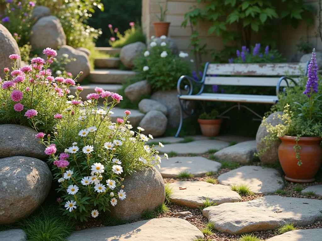 Enchanting Cottage Rock Corner Garden - A charming garden corner with weathered limestone rocks and boulders artfully arranged, surrounded by blooming cottage garden flowers. Pink and white dianthus and purple campanula flowers spilling between the rocks. Soft evening sunlight casting warm shadows. A vintage wrought iron garden bench with peeling paint partially visible, alongside a rustic terracotta pot with trailing flowers. Natural, romantic atmosphere with a cottage core aesthetic. Photorealistic, high detail, 4k