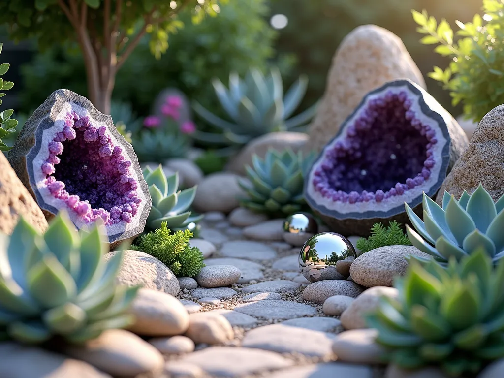 Crystal and Succulent Corner Rock Garden - A dreamy corner garden featuring natural stone boulders and large amethyst geodes nestled among low-growing succulents, with artfully placed mirror balls reflecting sunlight. The garden includes layers of smooth river rocks and crystalline formations, with echeveria and jade plants in soft blue-green tones. Glass art pieces catch and scatter light across the rocks, creating a magical, ethereal atmosphere. Shot in soft morning light with a shallow depth of field, photorealistic style.