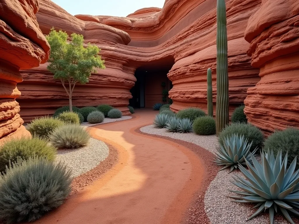 Desert Canyon Corner Oasis - A stunning small corner garden featuring layered red sandstone rocks creating a miniature canyon effect, photographed in warm evening light. Multiple tiers of rust-colored rocks form natural-looking stratified layers. Small barrel cacti, silvery-blue agaves, and compact desert succulents nestled between rocks. Fine red desert sand and light-colored gravel creating natural pathways. Dramatic shadows cast between rock formations. Photorealistic, high detail, architectural photography style.