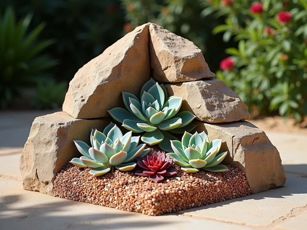 Desert Succulent Triangle Corner Garden - A stunning triangular corner garden arrangement featuring layered angular rocks in warm desert tones, with a harmonious collection of succulent plants nestled between them. Multiple Echeveria rosettes in dusty blue and pink hues, trailing Sedum in soft greens, and clusters of Sempervivum in deep burgundy create a natural yet artistic composition. Decorative rose-gold and sandy-colored gravel fills the spaces between plants, catching the warm sunlight. The scene is photographed from a 45-degree angle to showcase the varying heights and depths, with soft natural lighting creating subtle shadows that enhance the dimensional quality. Hyperrealistic photography style with sharp detail and rich colors.