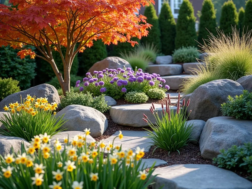 Four Seasons Corner Rock Garden - A stunning photorealistic corner garden featuring layered rock formations with natural weathered granite, showcasing plants from all seasons simultaneously. In the foreground, spring tulips and daffodils emerge between rocks, while summer's purple coneflowers and black-eyed susans bloom at mid-height. Fall-tinted Japanese maple leaves cascade over weather-worn boulders, complemented by ornamental grasses in autumn colors. Evergreen dwarf conifers and holly provide structure in the background. Morning sunlight filters through, creating dramatic shadows across the textured rocks. Professional landscaping photography style, f/8, golden hour lighting.