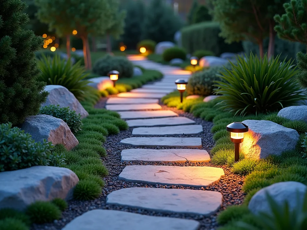 Illuminated Corner Rock Garden Path - A serene evening scene of a small winding garden path through a corner landscape, featuring natural stone pavers set among smooth river rocks and boulders. Low-growing creeping thyme and Irish moss cascade between the stones, creating a lush carpet effect. Warm solar pathway lights glow softly along the curved path edges, casting a magical ambiance. The scene is photographed from a high angle, capturing the flowing design of the path as it curves through the corner space. Artistic garden photography, soft dusk lighting, hyperrealistic detail.