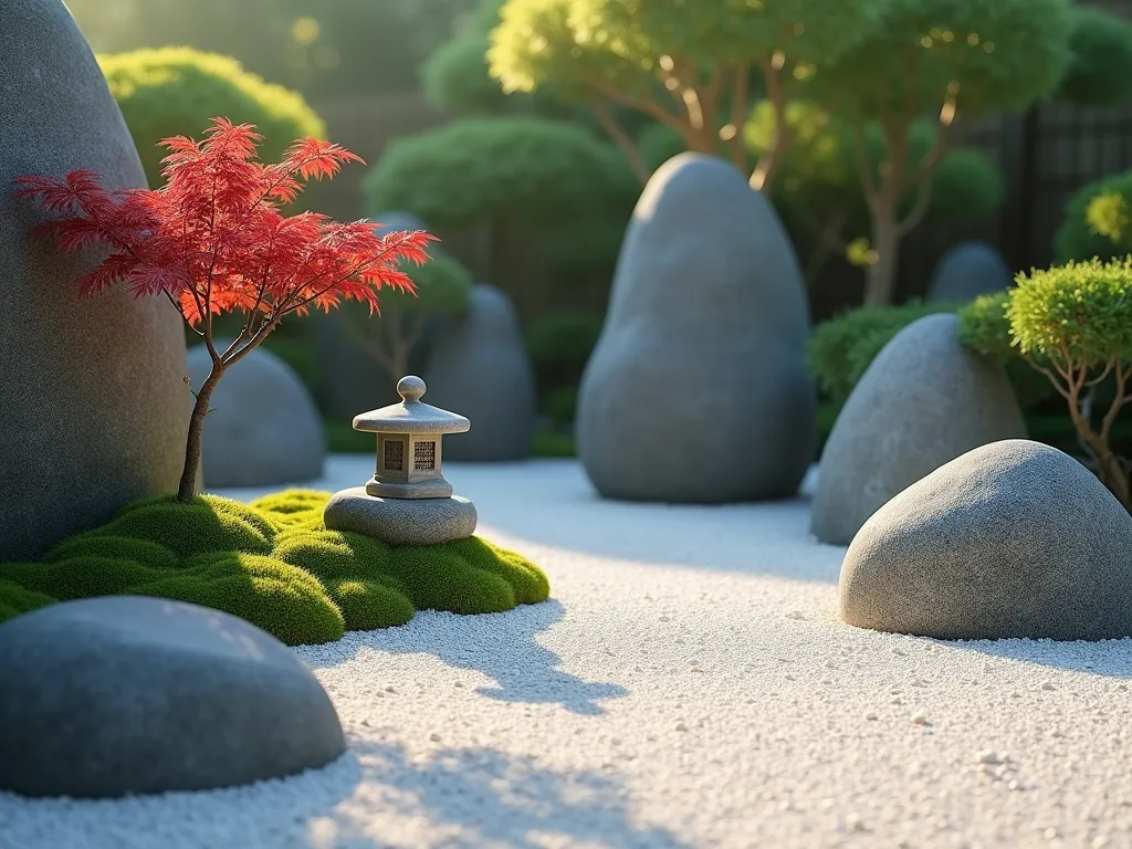 Zen Corner Japanese Rock Garden - A serene corner Japanese garden photographed in soft morning light, featuring weathered gray rocks of varying sizes artfully arranged to mimic mountains. A traditional stone lantern sits among the rocks, casting gentle shadows. A delicate red-leafed Japanese maple provides height and color, while lush green moss carpets the ground between stones. Pure white gravel is meticulously raked in concentric circles suggesting rippling water. The composition is elegant and minimal, shot at f/2.8 with shallow depth of field, creating a peaceful, contemplative atmosphere. Photorealistic, 8k quality.