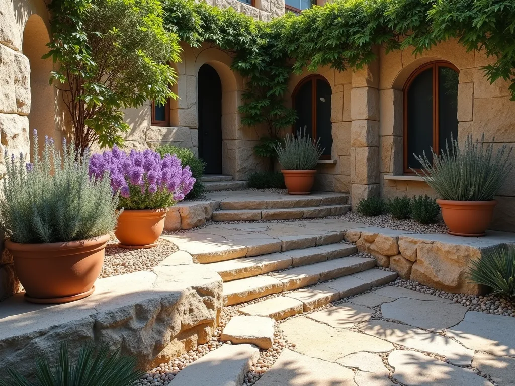 Mediterranean Corner Rock Garden with Lavender and Terra Cotta - A sun-drenched corner garden with weathered limestone rocks and Mediterranean charm, featuring clusters of blooming purple lavender and cascading rosemary. Multiple levels of natural stone create depth, accented with authentic terra cotta pots containing silvery ornamental grasses. Crushed seashells scatter among the rocks, catching sunlight. The scene has a warm, coastal Mediterranean atmosphere with drought-resistant plants thriving among the rocky terrain. Soft afternoon lighting creates long shadows across the textured stones. Photorealistic, high detail, architectural photography style.