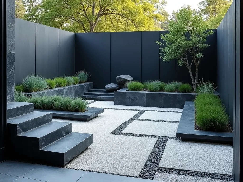 Modern Minimalist Corner Rock Garden - A stunning contemporary corner garden featuring geometric black slate and white quartz rocks arranged in clean angular patterns. Minimal plantings of architectural plants like single black bamboo and modern silver-blue grass create dramatic focal points. Sharp-edged light gray gravel paths contrast with the darker stones. The design emphasizes clean lines and negative space, photographed in soft natural lighting to highlight the sophisticated interplay of textures and shadows. Photorealistic, high-end landscape architecture style, 8k quality.