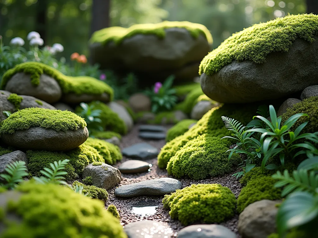 Mossy Rock Garden Haven - A serene corner garden photographed in soft natural light, featuring layered natural stones and boulders completely draped in lush green moss varieties. Small delicate ferns emerge between the rocks, while tiny woodland flowers peek through the verdant moss carpet. The rocks create gentle elevation changes, with cushion moss cascading over the edges. The scene has a mystical forest floor aesthetic with varying textures of moss creating a plush, naturalistic appearance. Dappled shadows add depth and atmosphere to this peaceful corner sanctuary.