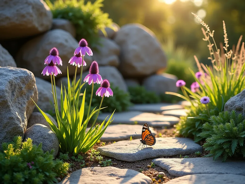 Native Plant Rock Corner Garden - A sunlit intimate garden corner featuring weathered local limestone and granite rocks artfully arranged with blooming purple coneflowers, native prairie grasses, and delicate butterfly weed. Natural-looking rock placement creates levels and small crevices where native ferns peek through. Golden evening light casts soft shadows, while a small native butterfly rests on a wildflower. Textural contrast between smooth stones and wispy grasses, photographed in a professional landscape style, hyper-realistic, 8k resolution