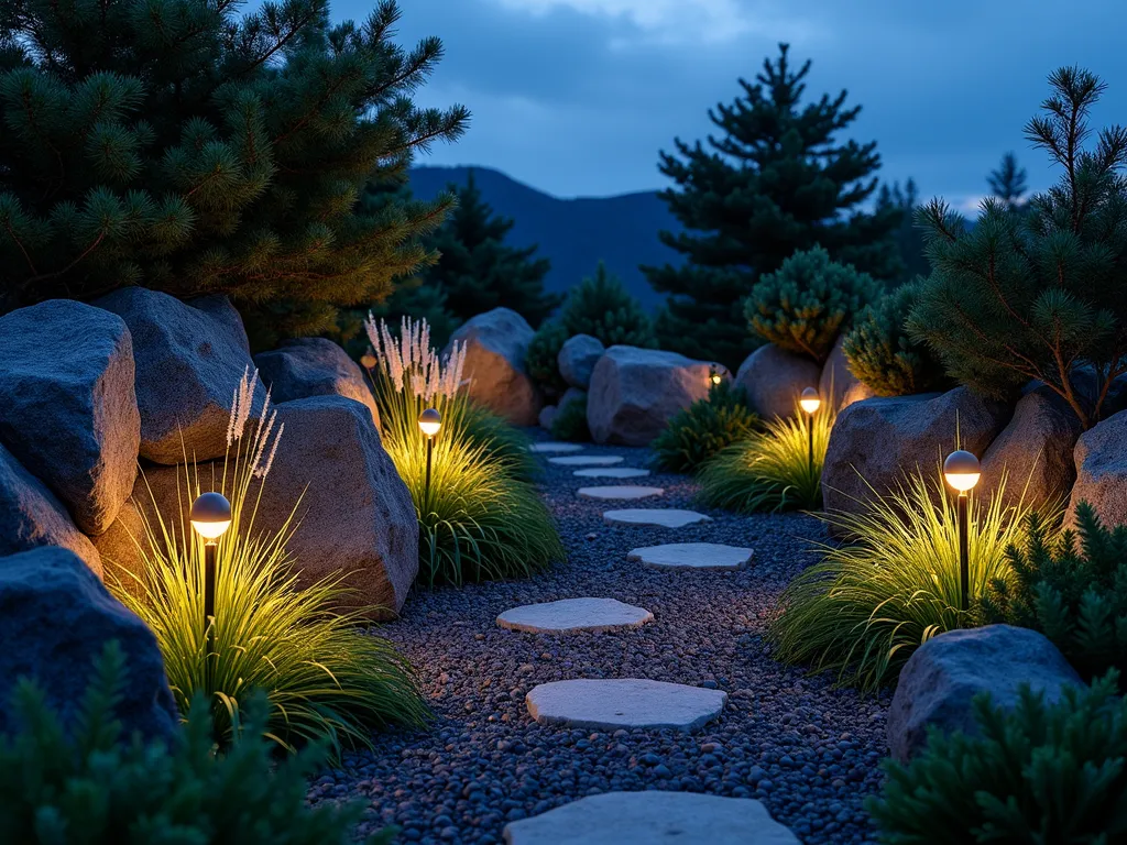 Illuminated Corner Rock Garden at Night - A magical nighttime corner rock garden scene with strategically placed warm LED lights nestled between weathered granite rocks, creating dramatic shadows and depth. Japanese Forest Grass and ornamental grasses sway gracefully, their silver-tinged leaves catching the gentle illumination. Architectural succulents and small evergreen shrubs cast dramatic silhouettes against a deep blue twilight sky. Soft uplighting highlights the textural contrast between smooth river rocks and jagged boulders, while ground-cover sedum reflects the ethereal glow. Photorealistic, atmospheric lighting, moody garden photography.