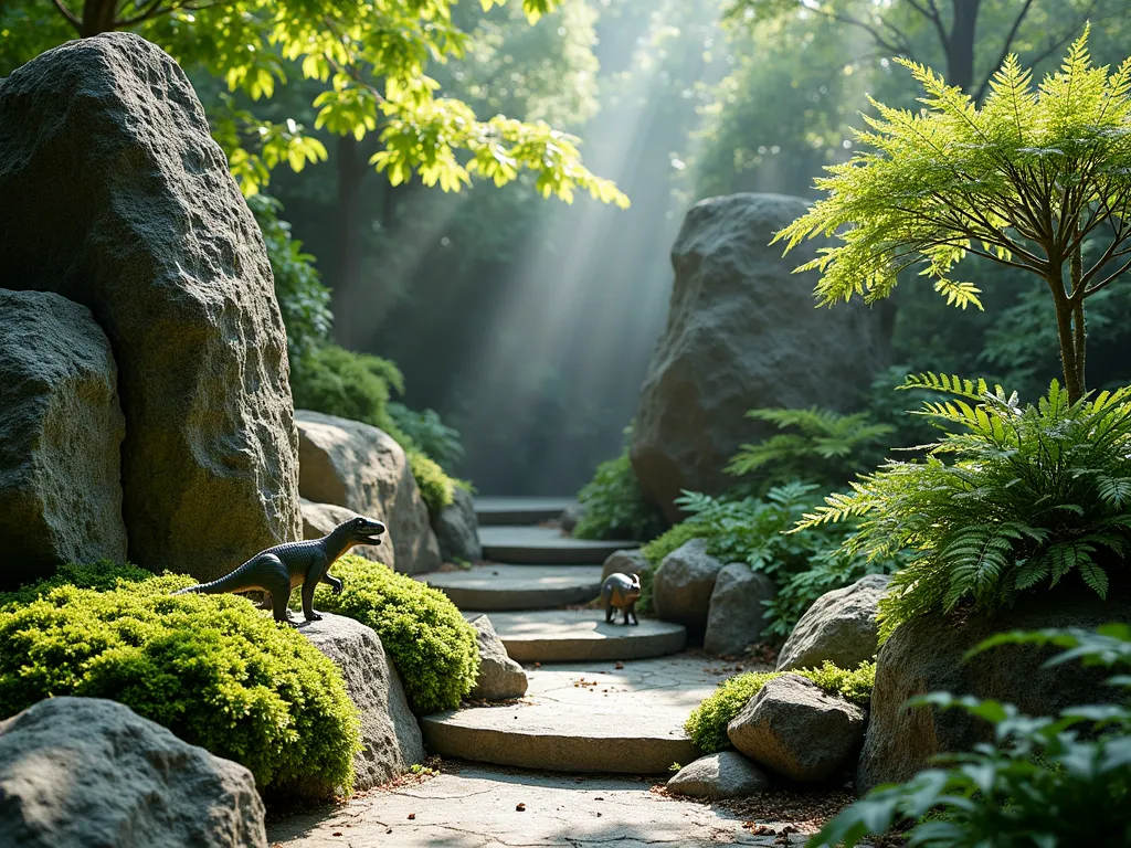 Prehistoric Corner Garden Sanctuary - A magical corner garden photographed in natural sunlight, featuring weathered granite boulders covered in emerald moss and silver lichen. Lush prehistoric-looking Japanese painted ferns and Sago palm cycads create a Jurassic atmosphere. Small bronze dinosaur figures peek out from between the rocks. Mist lingers in the background, creating depth and mystery. The scene is composed with professional garden photography techniques, sharp detail, and soft natural lighting filtering through the foliage.