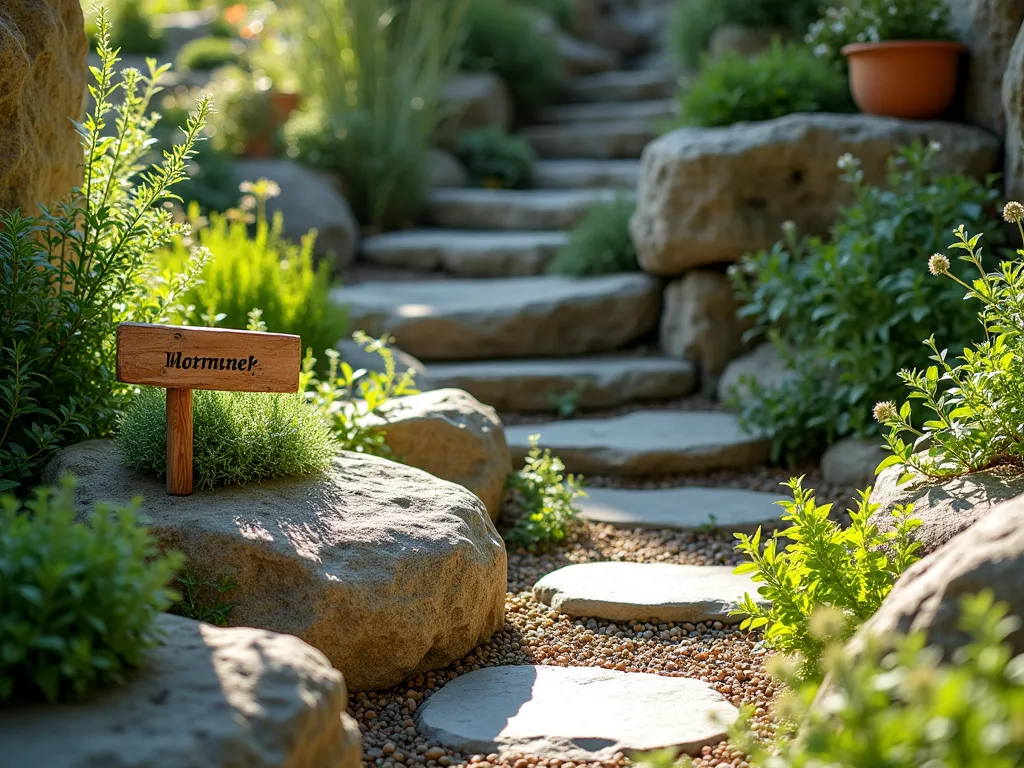 Rustic Herb Rock Garden Corner - A sunny corner herb rock garden with natural stone terraces and slate stepping stones. Mediterranean herbs like thyme, oregano, and sage grow abundantly between weathered rocks. Rustic wooden plant markers with copper labels identify each herb. Morning sunlight filters through the herbs, creating a warm, inviting atmosphere. The garden features varying heights of granite and limestone rocks, with cascading herbs spilling over their edges. Small gravel paths wind between the planted areas, and terracotta pots accent the corners. Photorealistic, soft natural lighting, f/8, 35mm lens.