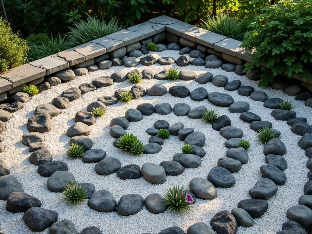 Mesmerizing Spiral Rock Garden Corner - A beautifully designed corner garden featuring a mesmerizing spiral pattern made of smooth river rocks and white pebbles radiating from a central point, photographed from above. Low-growing succulents in varying shades of green, blue, and purple are artfully planted between the spiral arms. The spiral pattern is perfectly geometric, with alternating light and dark stones creating depth and visual interest. Alpine plants with tiny flowers peek through the rocks, while small echeverias and sempervivums add sculptural elements. Natural afternoon lighting casts subtle shadows across the spiral design, enhancing its three-dimensional appearance. The corner setting is framed by weathered stone edging, creating a harmonious transition to the surrounding landscape. Photorealistic, high detail, architectural garden design.