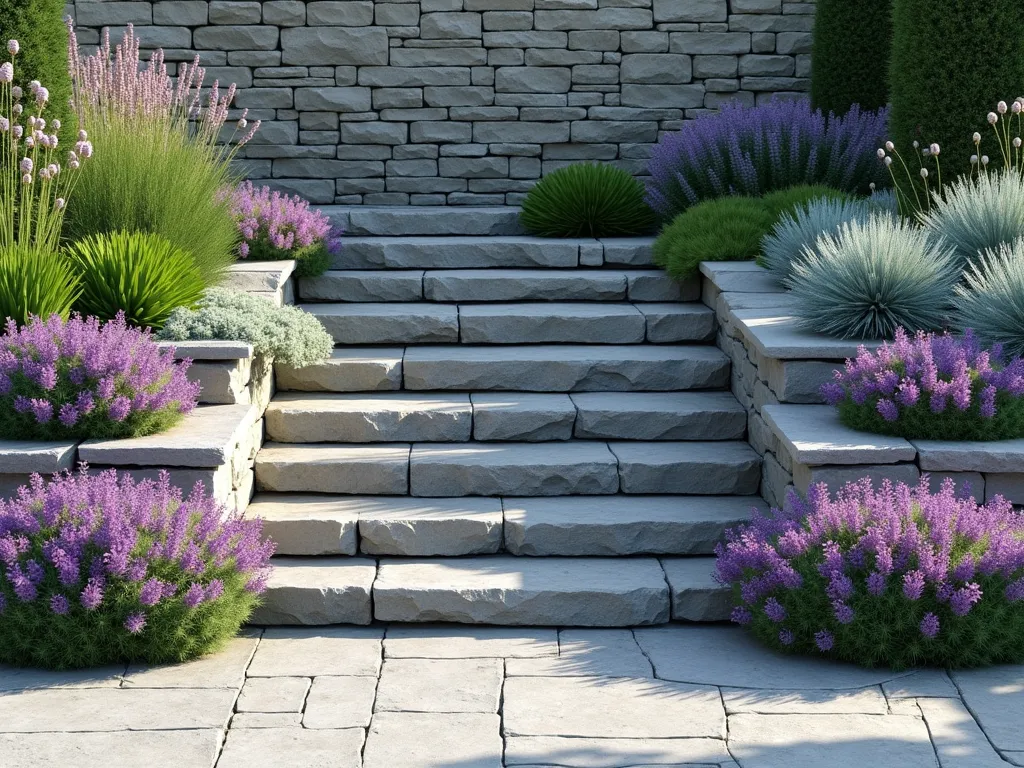 Cascading Stepped Rock Garden Terrace - A serene corner garden featuring elegant stone terraces ascending in three levels against a natural stone wall backdrop. Each level is meticulously crafted with flat, weathered gray stones. The lowest terrace showcases cascading purple aubrieta and white candytuft spilling over the edges, the middle level features ornamental blue fescue grass and pink dianthus, while the top terrace displays upright purple salvias and silver artemisia. Soft morning light casts gentle shadows across the weathered stone surfaces, highlighting the natural texture of the rocks. Architectural 8K, photorealistic style.