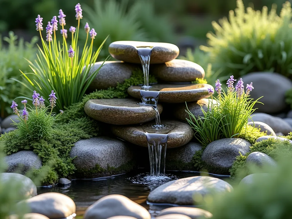 Tranquil Corner Cascading Water Feature - A cozy garden corner featuring a natural stone cascading fountain with three gentle tiers, water trickling down moss-covered rocks. Japanese forest grass and delicate ferns frame the water feature, while small purple astilbe and blue lobelia bloom nearby. Smooth river rocks create a natural basin at the bottom, with soft afternoon lighting casting subtle shadows across the peaceful scene. Photorealistic, high detail, 4k