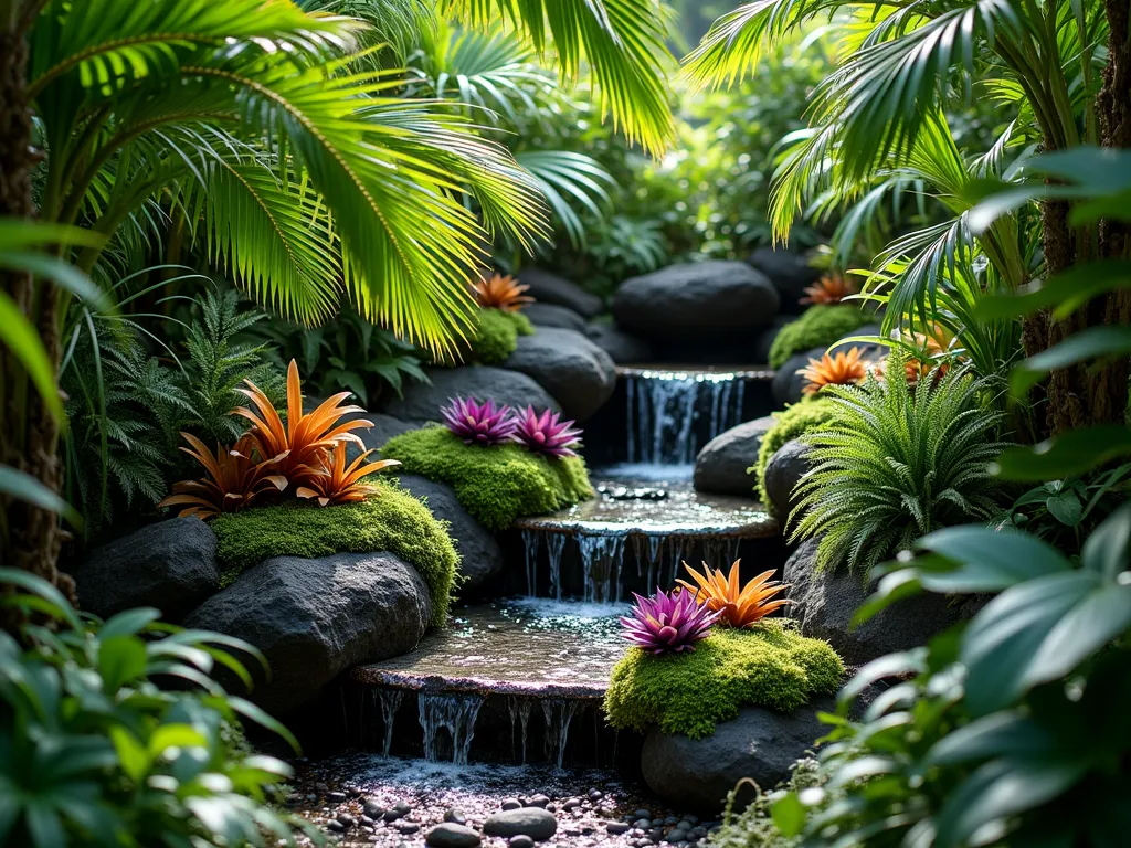 Lush Tropical Corner Rock Garden - A cozy garden corner featuring dark volcanic rocks layered with lush tropical vegetation, photographed in natural sunlight filtering through palm fronds. Bird's nest ferns cascade over moss-covered black rocks, while vibrant orange and purple bromeliads add pops of color. A small copper water feature trickles down the rocks creating a misty atmosphere. Dense, jungle-like planting creates depth with varying shades of green. Photorealistic, high detail, soft natural lighting, f/2.8 depth of field, 35mm lens