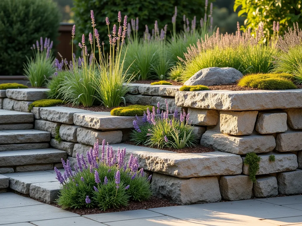 Vertical Corner Rock Wall Garden - A sunlit corner garden featuring a natural-looking stacked stone wall with multiple planting pockets, photographed at golden hour. Cascading purple creeping thyme and white rock cress spill elegantly from between weathered limestone rocks. Tall purple salvia and ornamental grasses create height variation at the top. Natural moss patches add texture between stones. Soft morning light casts gentle shadows across the textured rock face. Photorealistic, high detail, architectural photography style.