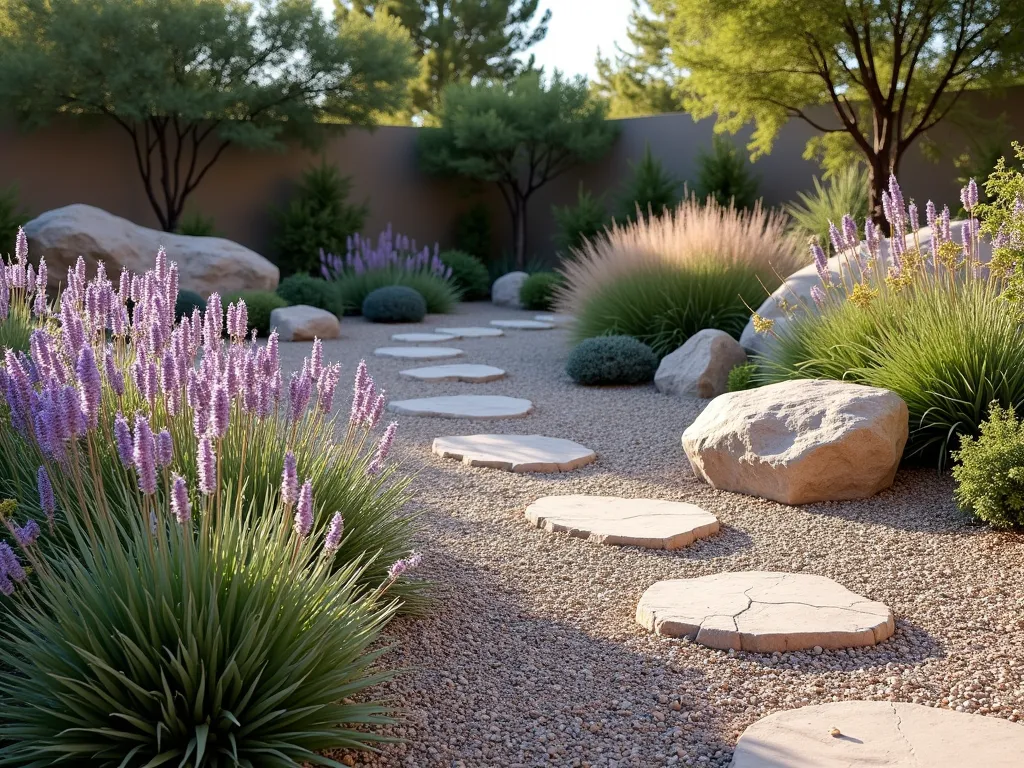 Contemporary Water-Wise Gravel Corner Garden - A stunning corner garden photographed in warm afternoon light, featuring a harmonious blend of angular limestone rocks and multi-toned decorative gravel in soft greys and tans. Swaying purple Russian sage and silvery yarrow bloom among flowing ornamental grasses in a naturalistic arrangement. Three large specimen boulders create dramatic focal points, while varying sizes of gravel create artistic patterns throughout the space. The drought-tolerant plants cast gentle shadows on the gravel surface, creating a serene and sophisticated desert-inspired landscape. Photorealistic, high-end landscape photography style.