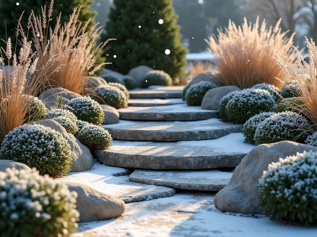 Winter Corner Rock Garden with Evergreens - A cozy garden corner in winter featuring layered natural stone arrangements with frost-dusted rocks, elegant dwarf evergreen conifers in deep green, and blooming hellebores in white and pink. Snow lightly dusts the scene while ornamental grasses with crystalline seed heads sway gracefully. Soft morning light creates long shadows across the textured rocks, highlighting their natural patterns. Photorealistic, 4k, architectural photography style.