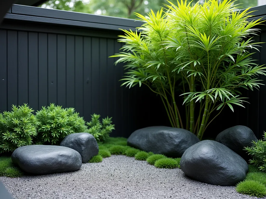 Zen Corner Bamboo Rock Garden - A peaceful corner garden featuring dark charcoal rocks nestled among elegant dwarf bamboo plants, photographed in soft natural lighting. The bamboo's bright emerald leaves create striking contrast against smooth black stones. Low-growing sedum and moss ground cover adds textural interest between rocks. Minimalist Japanese garden aesthetic with clean lines and balanced composition. Photorealistic, high detail, architectural photography style.