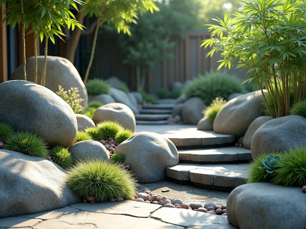 Zen Corner Cascade with River Rocks and Japanese Flora - A tranquil corner garden featuring a natural-looking cascade of smooth, polished river rocks in varying shades of gray and brown, artfully arranged to mimic a gentle waterfall. Delicate Japanese forest grass and dwarf bamboo sway gracefully around the rocks, their emerald green leaves creating a soft contrast. Several large, weathered boulders serve as focal points, while tiny succulents in soft green and purple hues nestle naturally in the rock crevices. The scene is captured in soft, natural lighting, creating subtle shadows that enhance the meditative atmosphere. Photorealistic, 4K, architectural photography style.