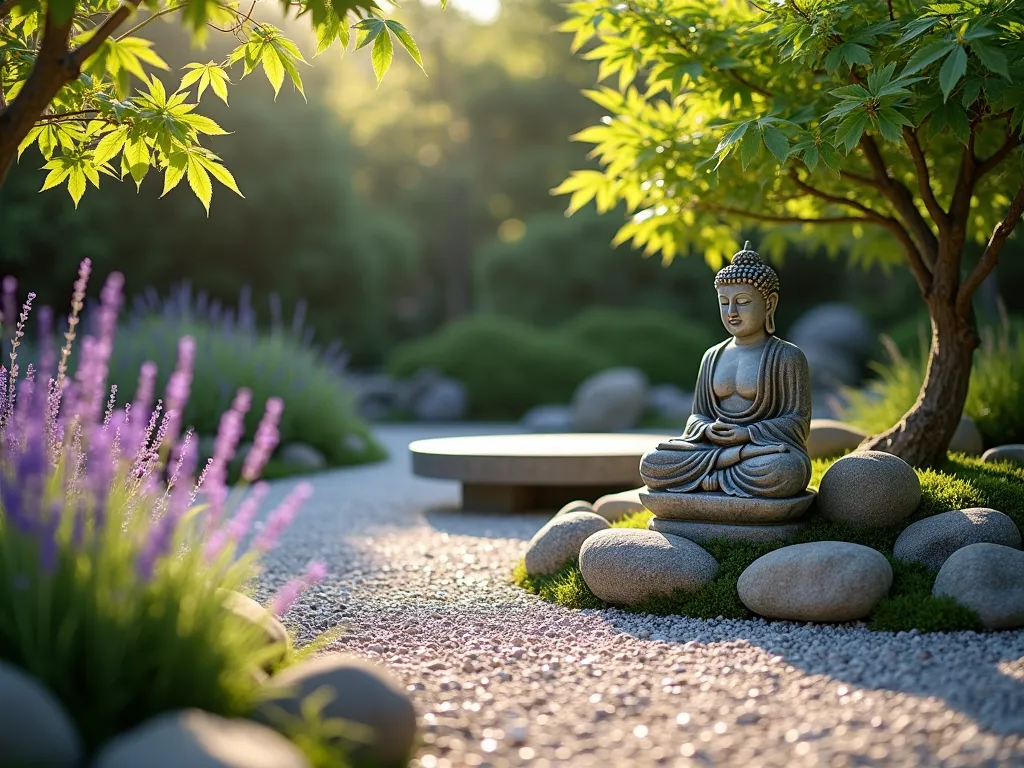 Zen Meditation Corner with Buddha Statue - A serene corner garden photographed at golden hour, featuring a weathered stone Buddha statue nestled among smooth river rocks and flowering lavender. Soft rays of sunlight filter through Japanese maple leaves, casting gentle shadows on a winding pebble path made of light-colored gravel. A natural stone meditation bench sits nearby, partially covered in moss. Purple lavender sprigs sway gently in the foreground, while carefully arranged rocks of varying sizes create a harmonious composition. The space has a peaceful, contemplative atmosphere with a minimalist Japanese garden aesthetic.