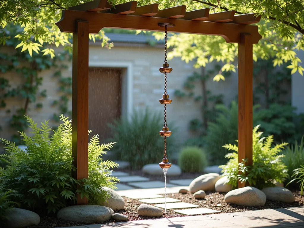 Copper Rain Chain in Zen Courtyard - A serene small courtyard garden featuring an elegant copper rain chain hanging from a wooden pergola corner, water gracefully cascading down its decorative cups and links during a light rain. The rain chain is surrounded by smooth river rocks at its base and flanked by japanese maples and ornamental grasses. The background shows a contemporary stone wall with climbing vines, creating a peaceful, meditative atmosphere with soft, natural lighting filtering through the foliage.