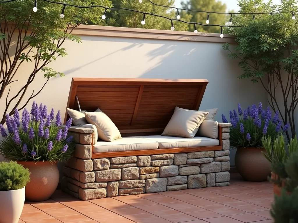 Multi-functional Storage Bench in Cozy Courtyard - A charming Mediterranean-style courtyard garden featuring a custom-built stone and wood storage bench with hinged seat cushions, surrounded by potted lavender and climbing jasmine. The bench is partially opened to reveal organized garden tools inside. Warm evening sunlight casts gentle shadows across terracotta tiles, while string lights overhead create an intimate atmosphere. The bench is nestled against a whitewashed wall with trailing plants and decorated with plush weatherproof cushions in neutral tones, photorealistic, 4k quality