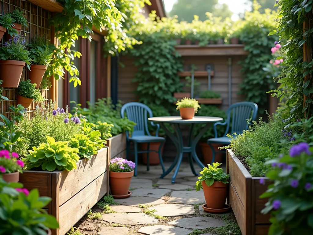 Edible Courtyard Garden Paradise - A sunlit intimate courtyard garden featuring raised wooden planters with flowering herbs and ornamental vegetables, terracotta pots with colorful Swiss chard and nasturtiums, vertical herb wall with cascading thyme and rosemary, rustic wooden trellis supporting climbing peas with purple flowers, vintage-style metal bistro table set among the greenery, decorative garden stakes, and stepping stones leading through the edible landscape, soft morning light, photorealistic style