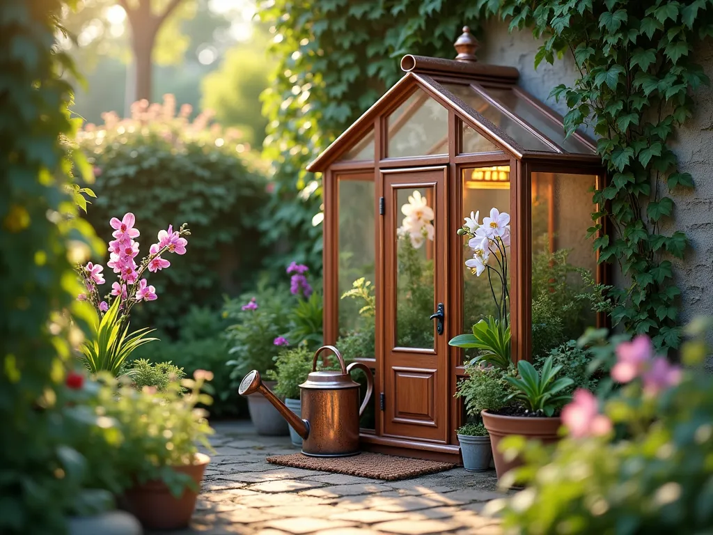 Elegant Compact Greenhouse Corner - A charming Victorian-style mini greenhouse with copper trim nestled in a small courtyard garden corner, bathed in soft morning light. Inside, delicate orchids and tropical ferns are visible through the glass panels. The greenhouse is surrounded by a curated collection of potted herbs and climbing jasmine on the exterior walls. A weathered copper watering can sits beside the greenhouse door, adding vintage character. The scene is captured with a shallow depth of field, creating a dreamy, enchanted garden atmosphere.