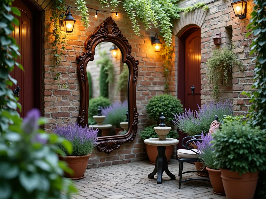 Elegant Mirrored Courtyard Garden - A charming intimate courtyard garden photographed during golden hour, featuring an ornate vintage-style weather-resistant mirror mounted on a weathered brick wall. The mirror reflects lush climbing jasmine, potted lavender, and a small stone fountain. String lights cascade overhead, creating a magical atmosphere. The reflected garden creates a stunning illusion of doubled space, with soft natural light bouncing off the mirror to illuminate the cozy seating area. Terracotta pots with cascading ivy and purple clematis frame the scene, architectural photography style, hyper-realistic, 8k quality.