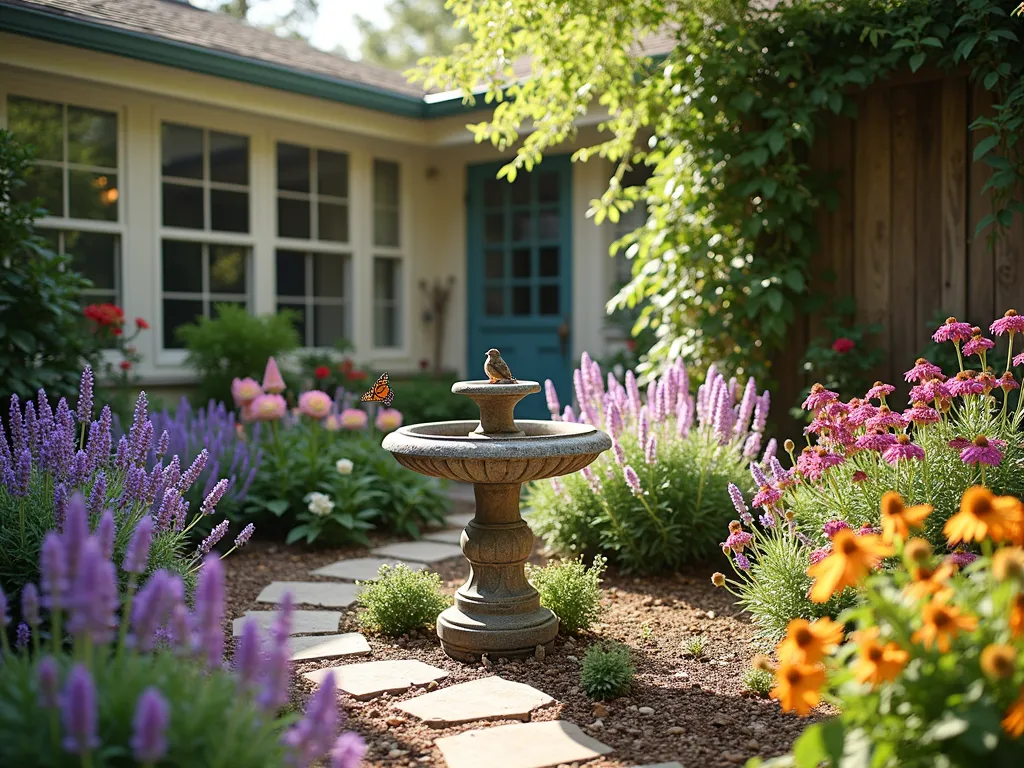 Intimate Butterfly Sanctuary - A sunlit intimate courtyard garden with curved flowerbeds filled with purple butterfly bush, pink echinacea, and orange lantana in full bloom. A decorative stone birdbath serves as a central focal point, surrounded by swaying lavender and native wildflowers. Several monarch and swallowtail butterflies hover over the flowers while a small bird perches on the bath's rim. Dappled sunlight filters through a climbing jasmine on a weathered wooden trellis, creating a magical atmosphere in this compact wildlife haven.