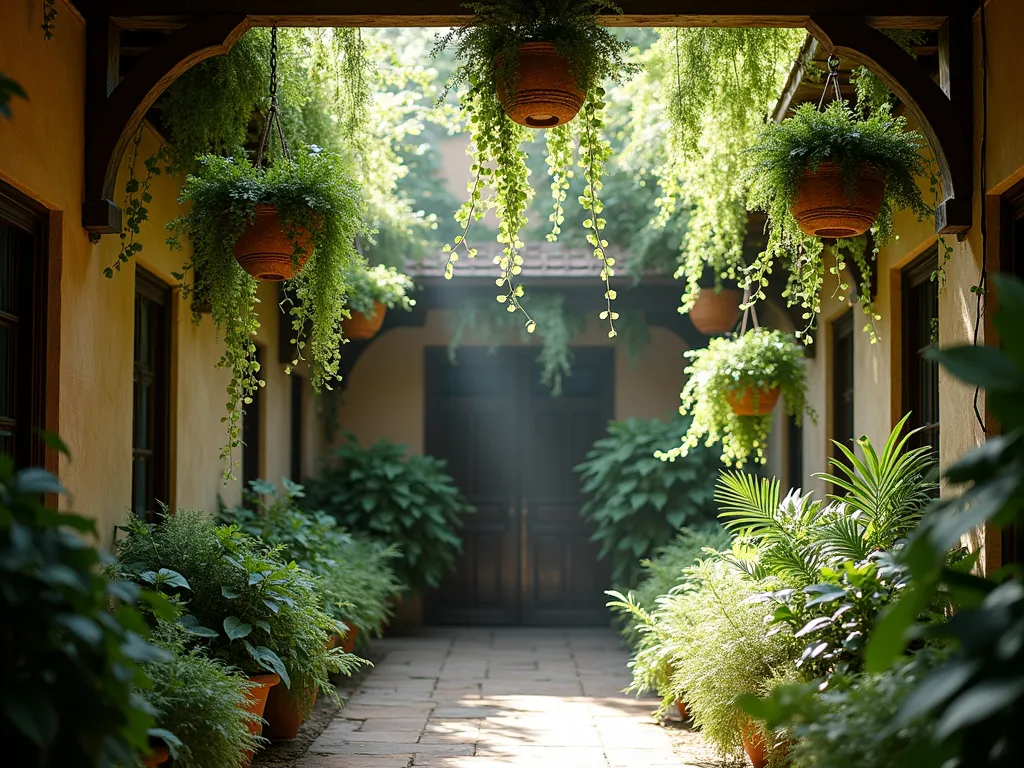 Lush Hanging Garden Sanctuary - A cozy intimate courtyard garden viewed from below, featuring multiple levels of hanging botanical planters and baskets. Cascading plants like string of pearls, ivy, and ferns create a natural green canopy overhead. Soft natural lighting filters through the layers of foliage, creating a magical atmosphere. The hanging garden elements are suspended from rustic wooden beams, with trailing plants at different heights creating a waterfall effect of greenery. Photorealistic, architectural photography style, soft afternoon light.