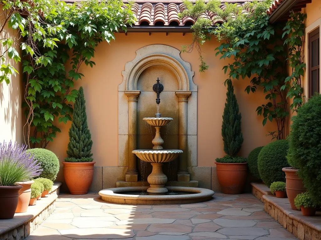 Mediterranean Courtyard Fountain Haven - A sunlit intimate courtyard garden with a weathered stone wall fountain as the centerpiece, featuring an ornate spout and tiered basins with water gracefully cascading down. Terracotta pots with lavender and cypress flank the fountain. Natural stone pavers create a warm Mediterranean ambiance, while climbing bougainvillea adorns the surrounding stucco walls. Late afternoon sunlight casts gentle shadows, highlighting the sparkling water feature. The scene is serene and inviting, with classic Mediterranean architectural elements and a small reflecting pool at the base.