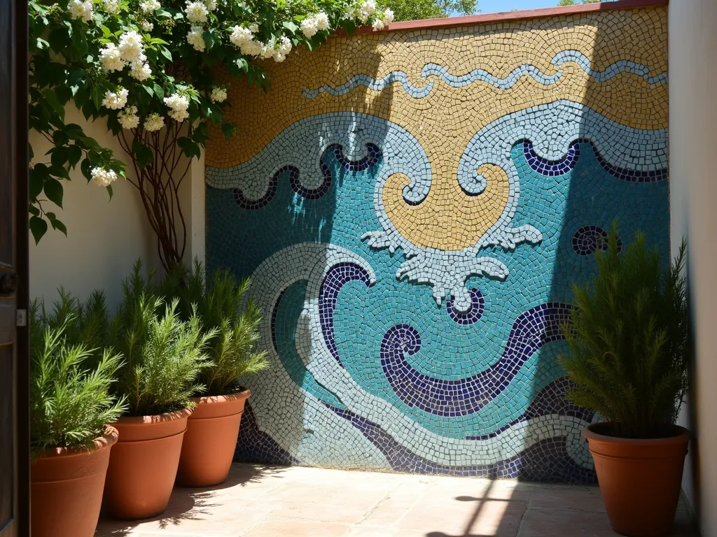 Vibrant Mediterranean Mosaic Garden Wall - A stunning vertical mosaic wall in a small courtyard garden setting, featuring intricate patterns in deep blues, turquoise, and golden yellow tiles arranged in flowing, organic designs reminiscent of waves and flowers. The wall is partially covered with cascading jasmine vines, creating a perfect blend of architectural art and nature. Soft afternoon sunlight casts interesting shadows across the mosaic surface, while terracotta pots with Mediterranean herbs sit at its base. The scene is photographed at a slight angle to showcase the wall's dramatic impact in the intimate garden space.