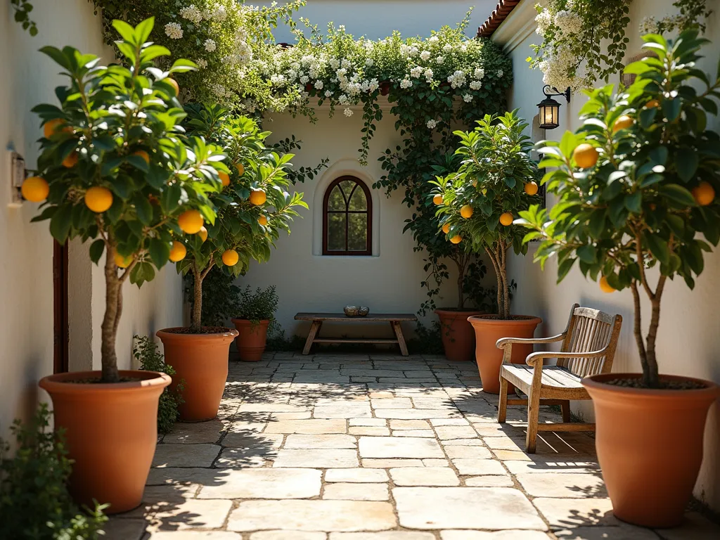 Mediterranean Courtyard Citrus Garden - A sun-drenched intimate courtyard garden featuring elegant terracotta and ceramic pots containing dwarf citrus trees. Meyer lemons, kumquats, and lime trees with glossy dark green foliage and bright fruits are arranged at varying heights. White citrus blossoms scatter the trees, while dappled sunlight creates beautiful shadows on a weathered stone paved floor. A rustic wooden bench sits nearby, and climbing jasmine adorns a whitewashed wall in the background. Photorealistic, afternoon light, architectural photography style