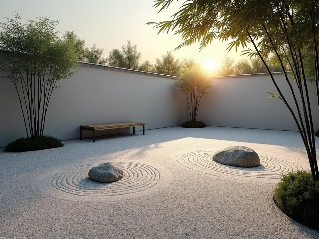 Minimalist Japanese Zen Courtyard Garden - A serene small courtyard garden in Japanese Zen style, photographed during golden hour. Clean lines and minimalist design featuring a meticulously raked light gray gravel garden with elegant swirling patterns. Three carefully placed natural granite rocks of varying sizes create focal points. Slender black bamboo plants cast gentle shadows on a light-colored boundary wall. A simple wooden meditation bench sits to one side. The space feels open and peaceful, with a sense of depth created through careful composition. Soft, natural lighting enhances the tranquil atmosphere. Photorealistic style, architectural photography.