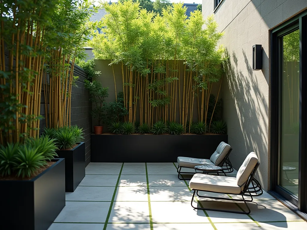 Modern Bamboo Privacy Screen in Urban Courtyard - A serene small courtyard garden featuring elegant black planters with tall, graceful bamboo creating a natural living privacy screen. Soft afternoon sunlight filters through the bamboo leaves, casting gentle shadows on a modern stone patio. Additional climbing jasmine on sleek metal trellises adds layered greenery. The intimate space is styled with minimalist outdoor furniture and ambient lighting, photographed in a cinematic style with depth of field